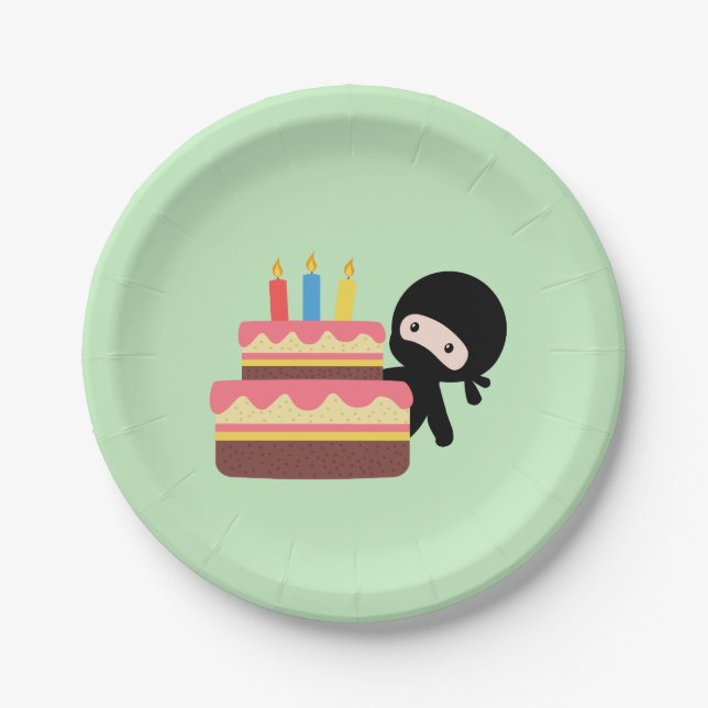 Tiny Ninja Behind Birthday Cake Green Paper Plate (Front)