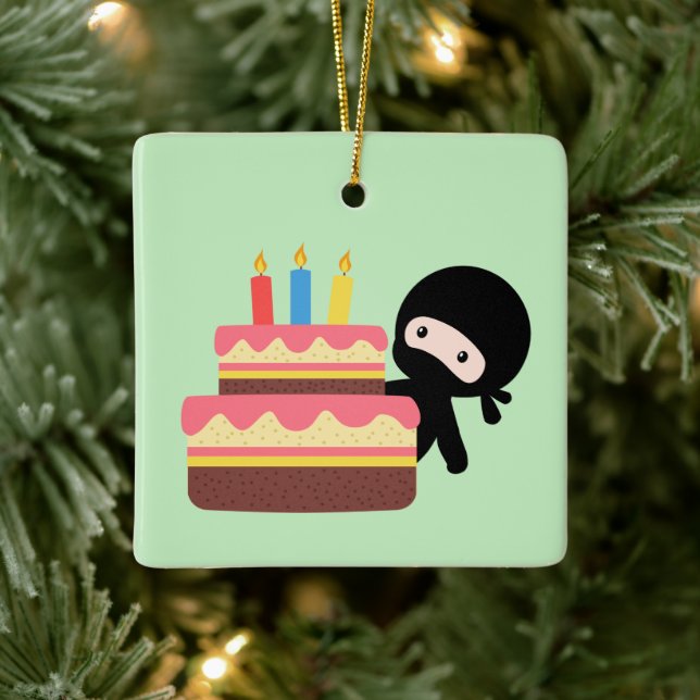 Tiny Ninja Behind Birthday Cake on Green Ceramic Ornament (Tree)
