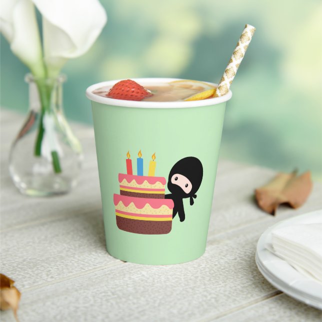 Tiny Ninja Behind Birthday Cake on Green Paper Cups (Insitu)