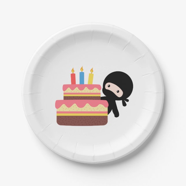 Tiny Ninja Behind Birthday Cake Paper Plate (Front)