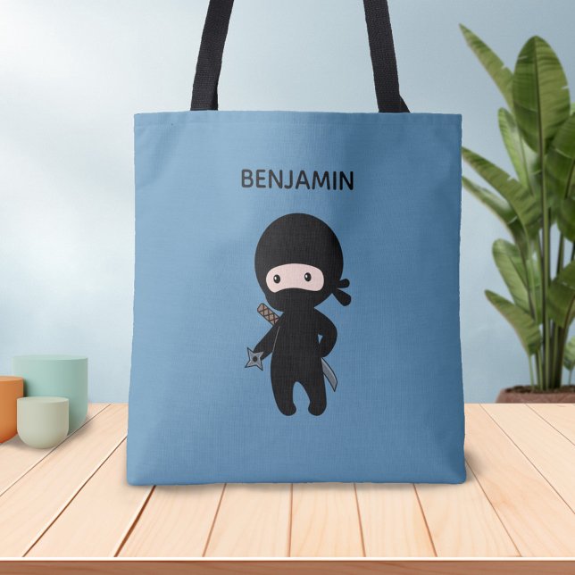 Tiny Ninja Custom Name on Blue Tote Bag (Creator Uploaded)