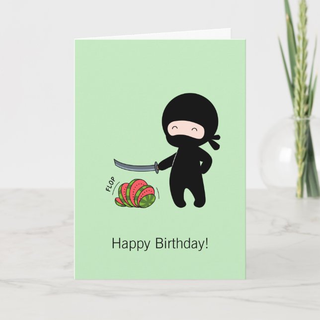 Tiny Ninja Cutting Watermelon Green Birthday Card (Front)