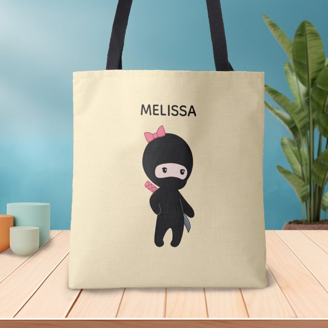 Tiny Ninja Girl Custom Name on Yellow Tote Bag (Creator Uploaded)