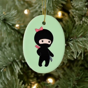 Tiny Ninja Girl on Green Ceramic Tree Decoration