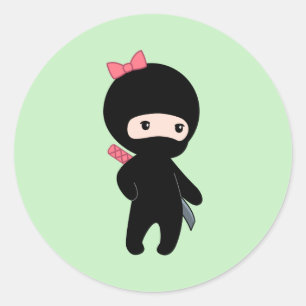 Tiny Ninja Girl on Green Classic Round Sticker