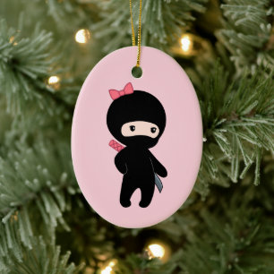 Tiny Ninja Girl on Pink Ceramic Tree Decoration