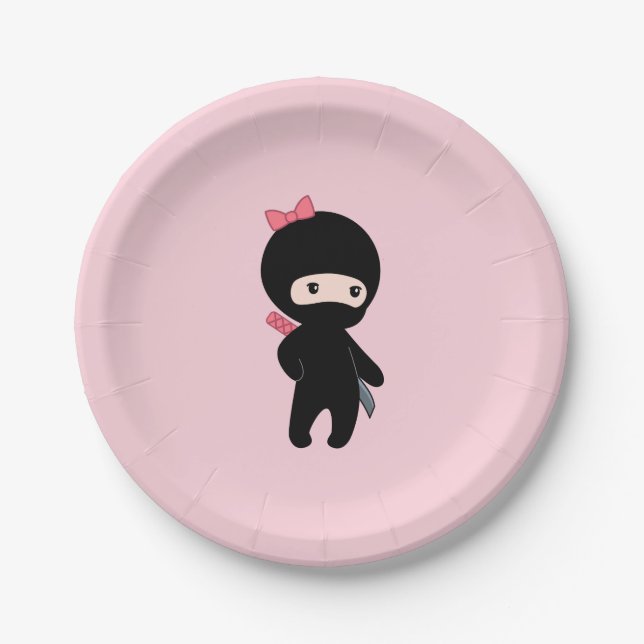 Tiny Ninja Girl on Pink Paper Plate (Front)