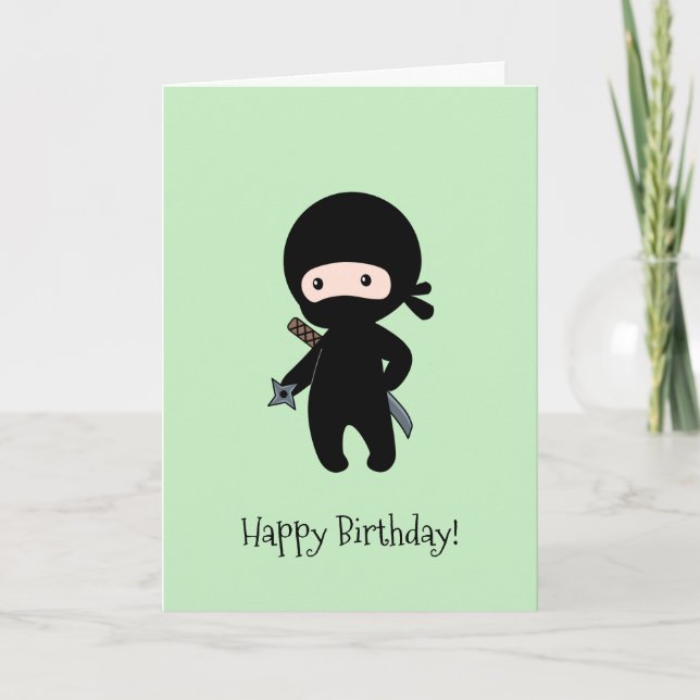 Tiny Ninja Holding Throwing Star Green Birthday Card (Front)