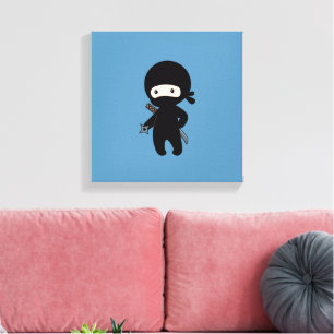 Tiny Ninja Holding Throwing Star on Blue Canvas Print