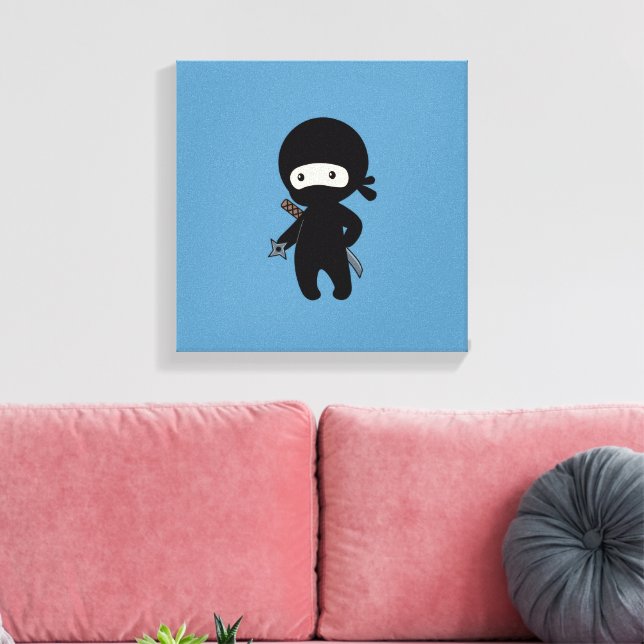 Tiny Ninja Holding Throwing Star on Blue Canvas Print (Insitu(LivingRoom))