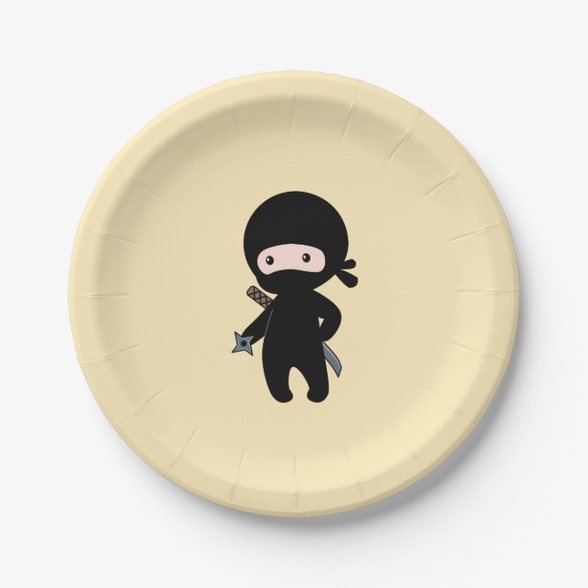 Tiny Ninja Holding Throwing Star on Yellow Paper Plate (Front)
