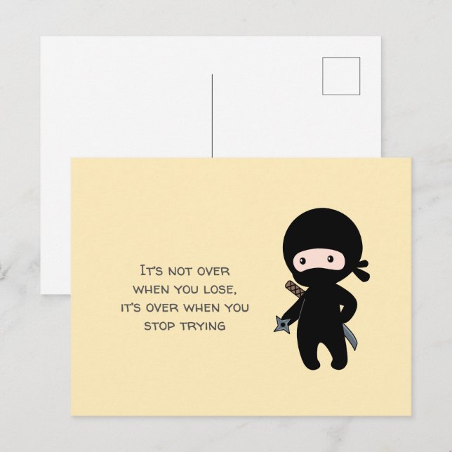 Tiny Ninja Holding Throwing Star on Yellow Quote Postcard (Front/Back)