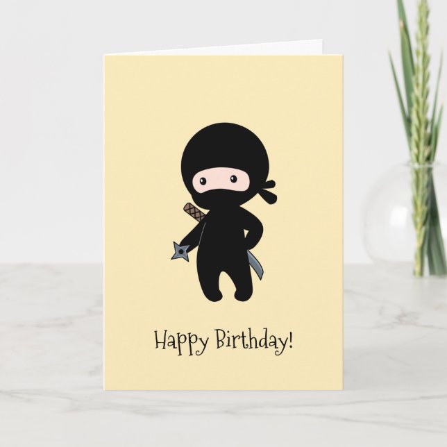 Tiny Ninja Holding Throwing Star Yellow Birthday Card (Front)