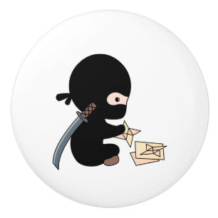 Tiny Ninja Making Origami Paper Throwing Star Ceramic Knob