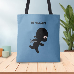 Tiny Ninja Running Custom Name on Blue Tote Bag