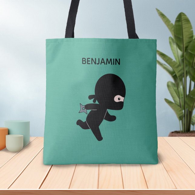 Tiny Ninja Running Custom Name on Dark Green Tote Bag (Creator Uploaded)