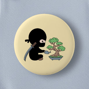 Tiny Ninja Watering Bonsai Tree on Yellow 6 Cm Round Badge