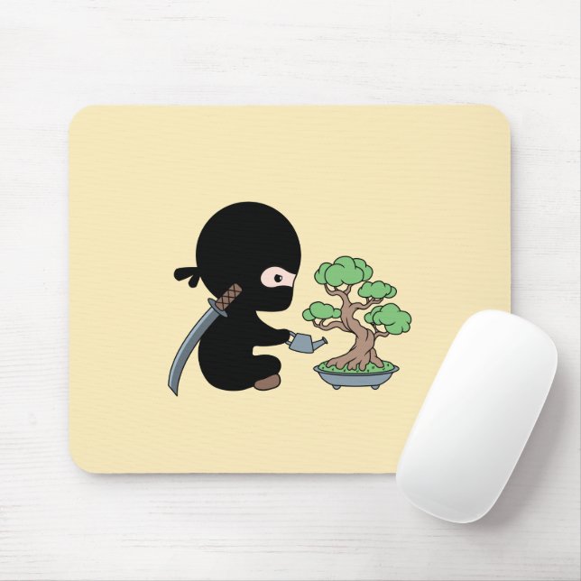 Tiny Ninja Watering Bonsai Tree on Yellow Mouse Pad (With Mouse)