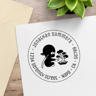 Tiny Ninja Watering Bonsai Tree Round Address Rubber Stamp