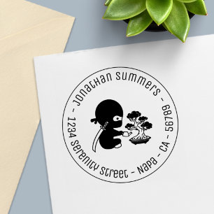 Tiny Ninja Watering Bonsai Tree Round Address Self-inking Stamp