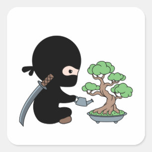 Tiny Ninja Watering Bonsai Tree Square Sticker