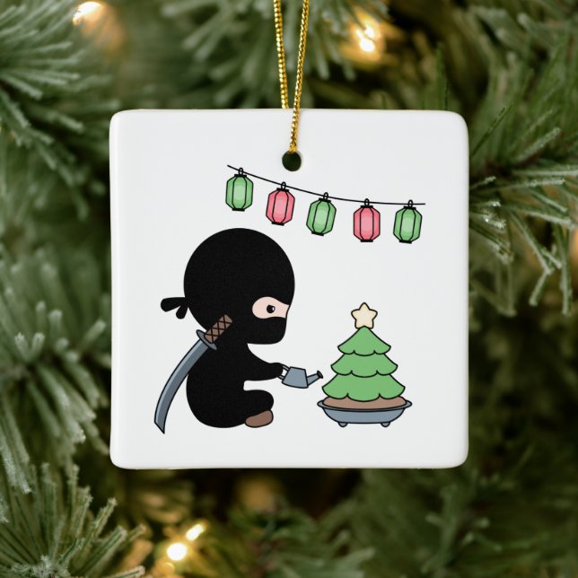 Tiny Ninja Watering Christmas Tree Ceramic Ornament (Tree)