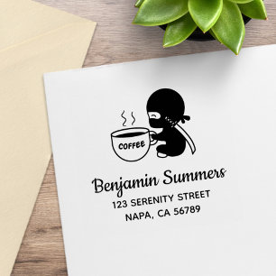 Tiny Ninja with Large Coffee Mug Address Rubber Stamp