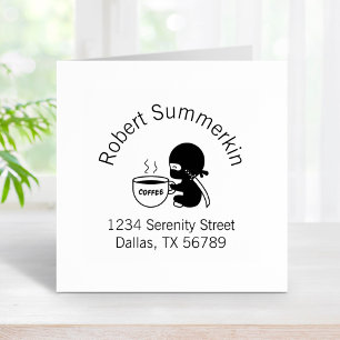 Tiny Ninja with Large Coffee Mug Address Rubber Stamp