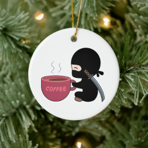 Tiny Ninja with Large Coffee Mug Ceramic Tree Decoration