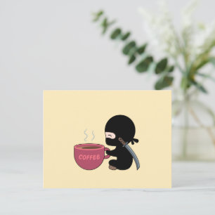 Tiny Ninja with Large Coffee Mug on Yellow Postcard