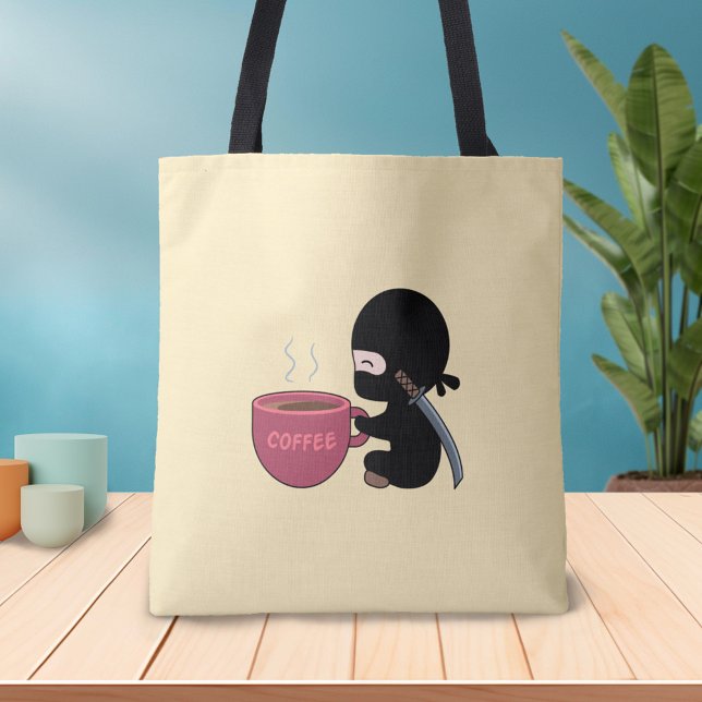 Tiny Ninja with Large Coffee Mug on Yellow Tote Bag (Creator Uploaded)