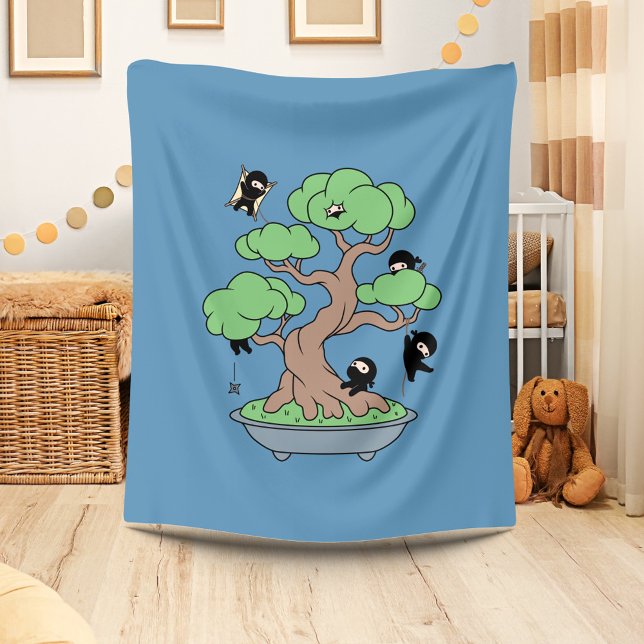 Tiny Ninjas in Bonsai Tree on Blue Fleece Blanket (Creator Uploaded)
