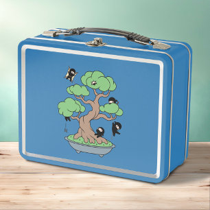 Tiny Ninjas in Bonsai Tree on Blue Metal Lunch Box