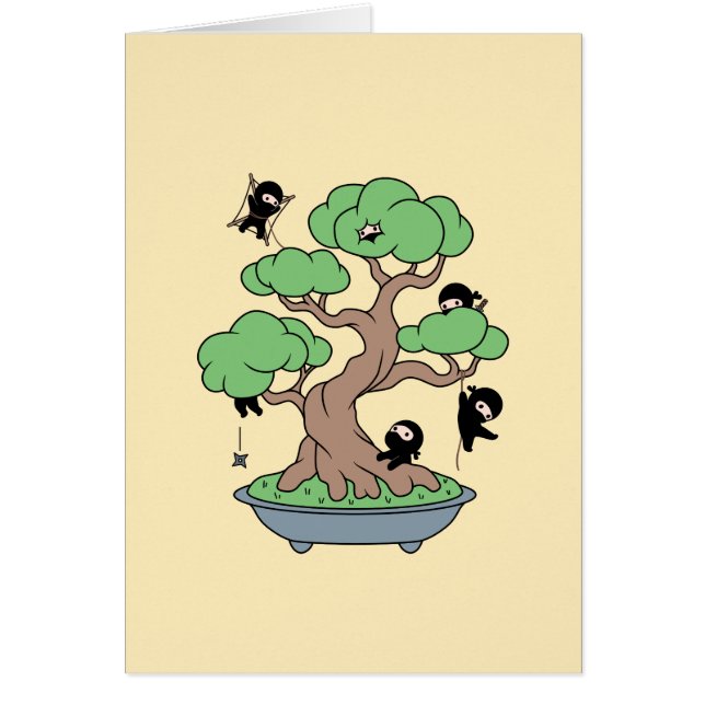 Tiny Ninjas in Bonsai Tree on Yellow Blank Card (Front)
