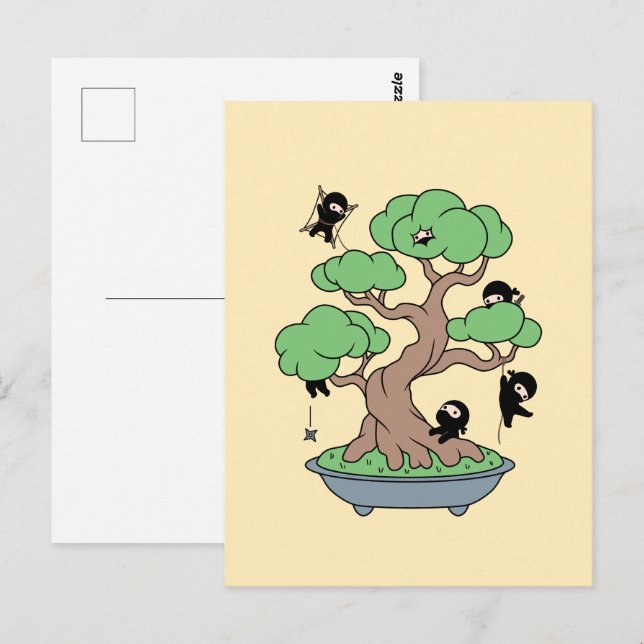 Tiny Ninjas in Bonsai Tree on Yellow Postcard (Front/Back)
