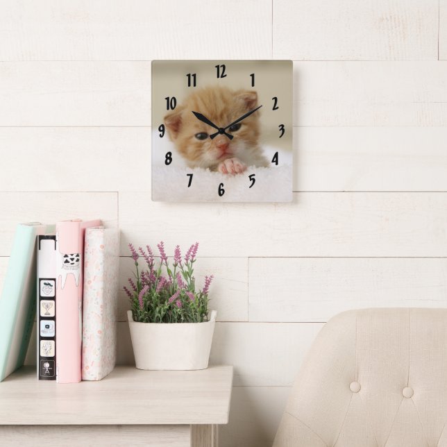 Tiny Orange Kitten Square Wall Clock (Reading Room)