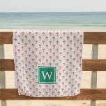 Tiny Palms | Monogrammed Beach Towel<br><div class="desc">Preppy chic monogrammed beach towel in pale blush pink and green features an allover pattern of palm trees,  with your single initial monogram centered at the bottom in vibrant emerald green.</div>