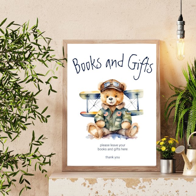 Tiny pilot cute teddy bear books gifts table sign (Tiny pilot cute teddy bear books and gifts table sign baby shower personalized decor signs)