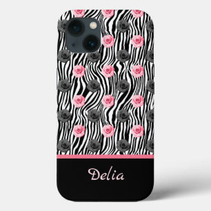 Tiny Pink and Grey Rose Pattern on Black Swirls iPhone 13 Case