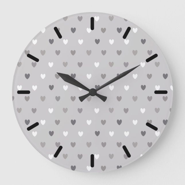 Tiny polka hearts in shades of grey large clock (Front)