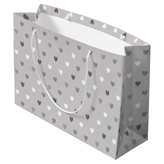Tiny polka hearts in shades of grey large gift bag (Back Angled)