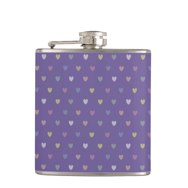 Tiny polka hearts on Ultra Violet Purple Hip Flask (Front)