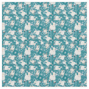 TINY PRINT for Masks Teal Cute Little White Goats Fabric