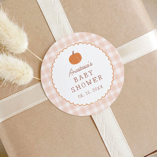 Tiny Pumpkin Fall Neutral Gingham Baby Shower Classic Round Sticker