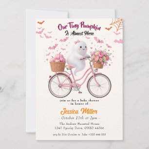 Tiny Pumpkin Halloween Baby Shower Pink Ghost Invitation