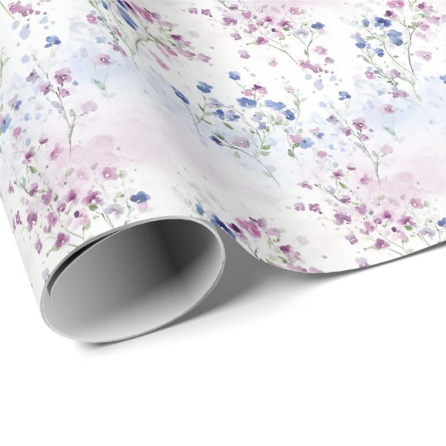 Tiny Purple & Blue Flowers on White Wrapping Paper (Roll Corner)