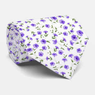 Tiny Purple Floral And Leaves On White Background Tie