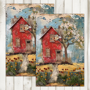 TINY RED COUNTRY HOUSE MIXED MEDIA DECOUPAGE TISSUE PAPER