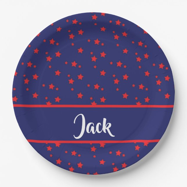 Tiny red stars on blue paper plate (Front)