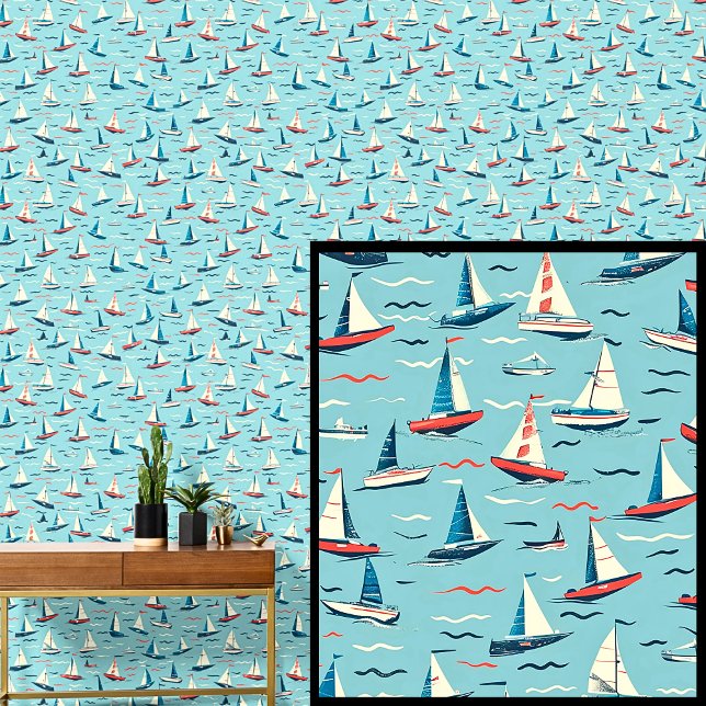 Tiny Sailing Ships Boats in Waves Red Blue White Wallpaper (Creator Uploaded)
